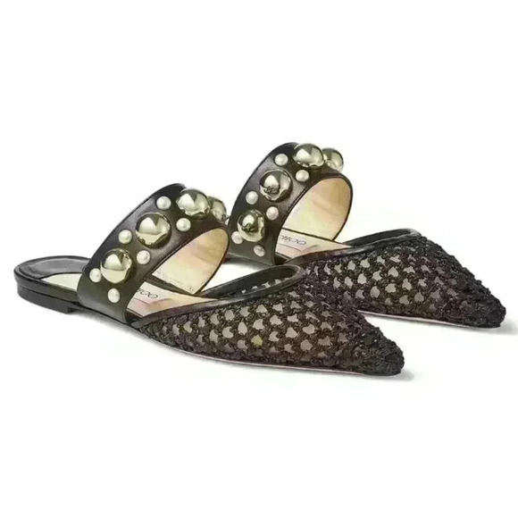Jimmy Choo Shoes - Jimmy Choo Black Basette Raffia Pearl Embellished Flat Mules Size 37.5